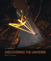 A book cover titled DISCOVERING THE UNIVERSE, ELEVENTH EDITION by Neil F. Comins shows a bottom-up street view photograph of four power lasers lighting up the sky in Chile to create an artificial guide star to help with space exploration.