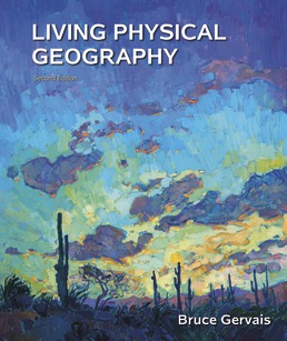 A book cover titled LIVING PHYSICAL GEOGRAPHY by Bruce Gervais shows a painting of a desert with prickly pear cacti plants and dawning clouds illuminated with colorful hues.