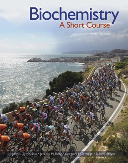 A book cover titled Biochemistry, A Short Course, Fourth Edition by John L. features a photograph of a large crowd cycling on the road beside a water body.