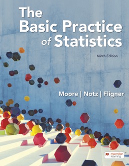 A book cover titled The Basic Practice of Statistics, Ninth Edition by Moore, Notz, and Fligner features a photograph of colorful crystalline hexagonal structures descending a flight of stairs.