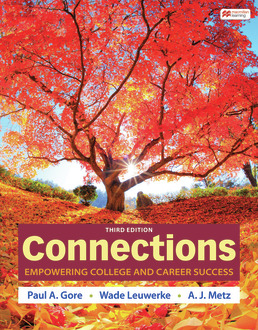 Cover of <em>Connections</em> third edition by Paul Gore, Wade Leuwerke, and A J Metz. Cover has a large tree with orange leaves on it. 