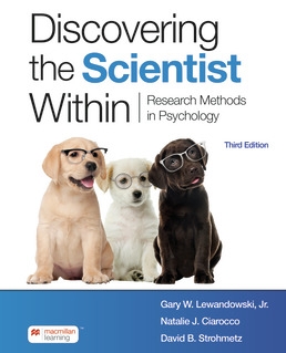 A book cover titled Discovering the Scientist Within, Research Methods in Psychology, Third Edition by Gary W. Lewandowski, j r, Natalie J. Ciarocco, and David B. Strohmetz features a photograph of 3 dogs of different breeds wearing glasses.