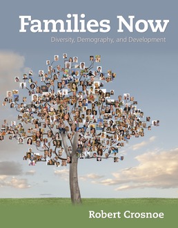 A book cover titled Families Now, Diversity, Demography, and Development by Robert Crosnoe shows an animation of a family tree with several photographs affixed to the branches of the tree.