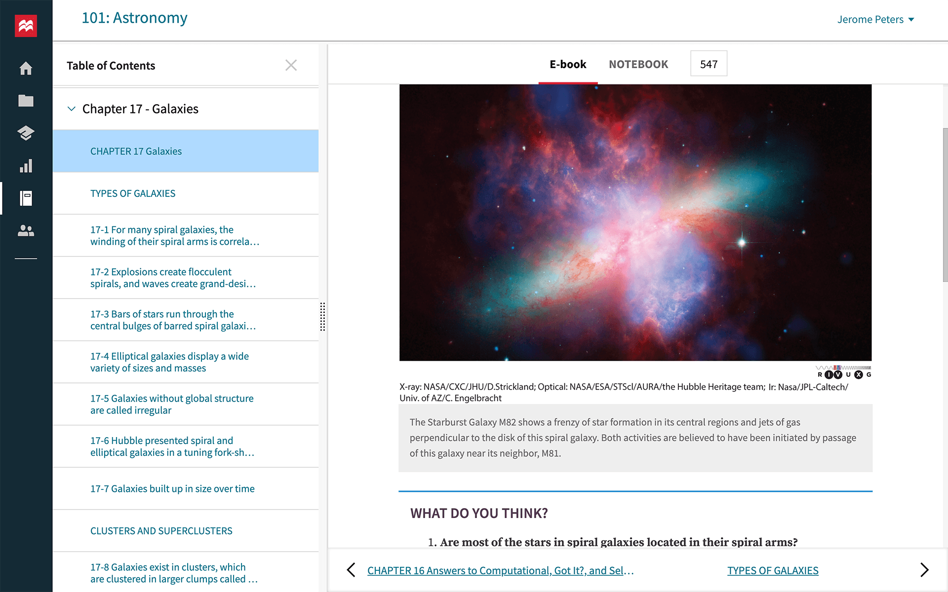 A screenshot of an E-book titled 101: Astronomy at Achieve shows a table of contents at the left and page 547 of the book on the right. The page contains a photograph of the Starburst Galaxy M 82.