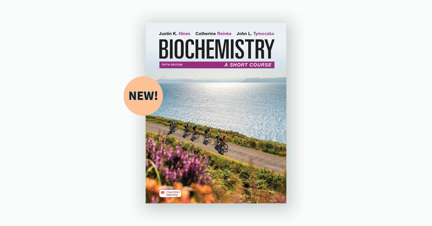 A book cover titled Biochemistry, A Short Course, Fourth Edition by John L. features a photograph of a large crowd cycling on the road beside a water body.