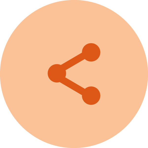 An icon for Easily Shareable shows a sharing icon consisting of three dots. The first dot on the left is connected to two dots on the right by straight lines inside an orange circle.