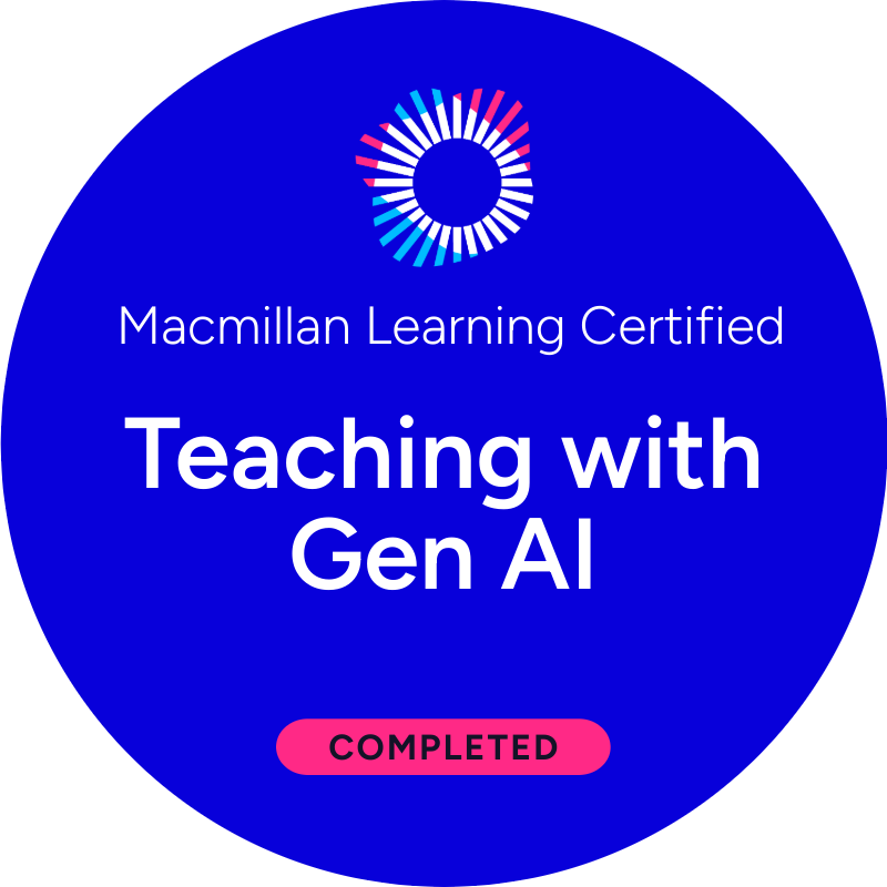 A circular logo consists of two concentric circles with the name Macmillan Learning Certified on the outside of the inner circle. The term Digital Achieve Certified is at the center alongside a logo of Macmillan displaying two waves.