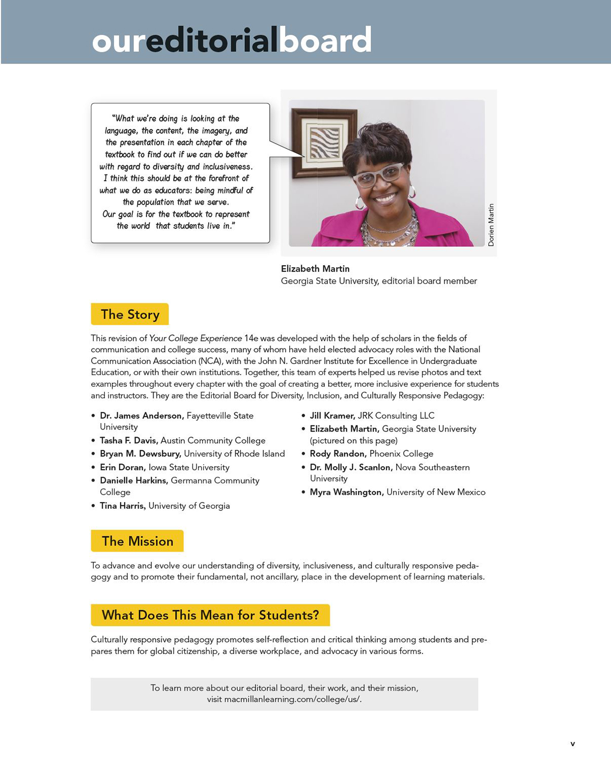 The image is a screenshot of page V in the preface of <em>Your College Experience</em> fourteenth edition. It covers the story of the editorial board, as well as a photo of Professor Liz Martin. 