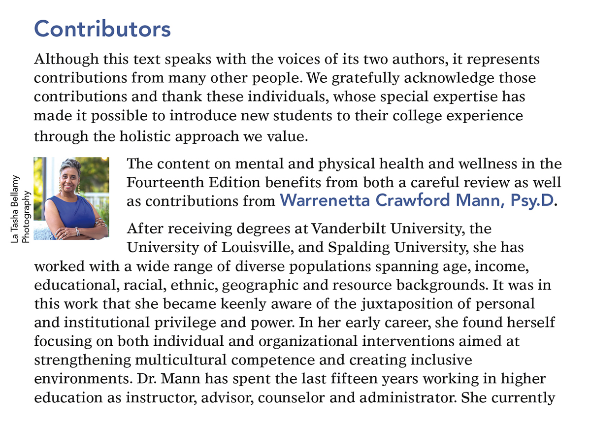 Screenshot from page XXXII of <em>Connections</em> fourteenth edition with the heading “Contributors.” A headshot of Warrenetta Mann is to the left of the page.