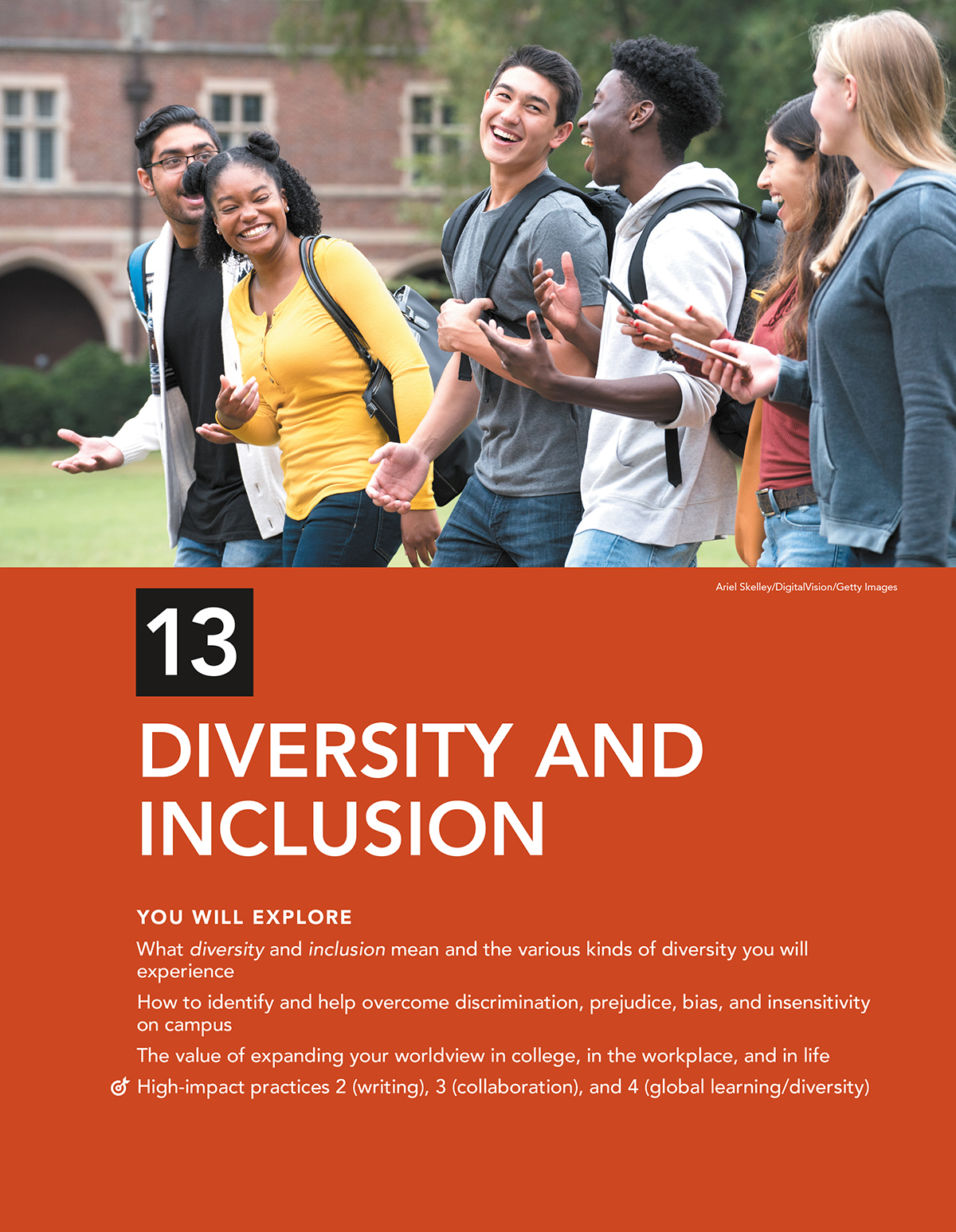 Screenshot of chapter thirteen opener with the title “Diversity and Inclusion.” A photo above the chapter title shows a group of college students, three male and three female, of diverse ethnicities, laughing together, walking on a college campus.