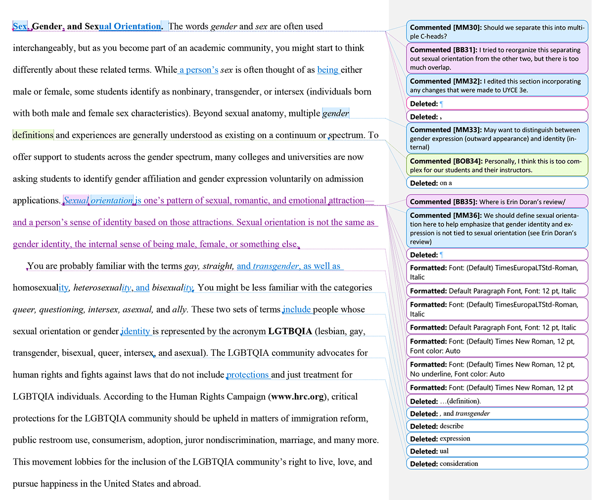 Screenshot of Word document from chapter 13 of <em>Connections</em> fourteenth edition. Tracked changes show updates to sex and gender coverage.