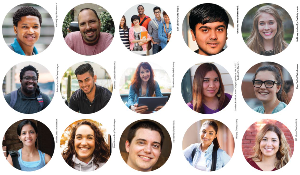 Collage of 15 students headshots that appear throughout <em>Your College Experience</em> fourteenth edition.