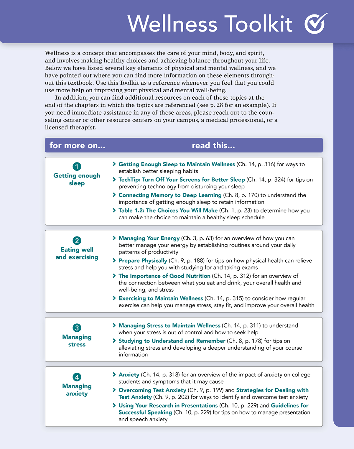 Screenshot from page XIX of <em>Connections</em> fourteenth edition. The heading says “Wellness Toolkit” with additional resources listed on the page.
