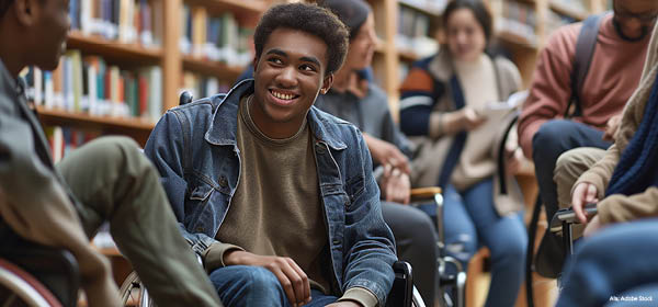 A diverse group of three students smiling and collaborating at a computer in a bright office setting. One woman gestures toward the screen while the others attentively watch, indicating teamwork and digital engagement.