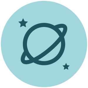 An icon for astronomy depicted using a planet with a ring, and two stars, is featured as a discipline on the online learning platform, Achieve.