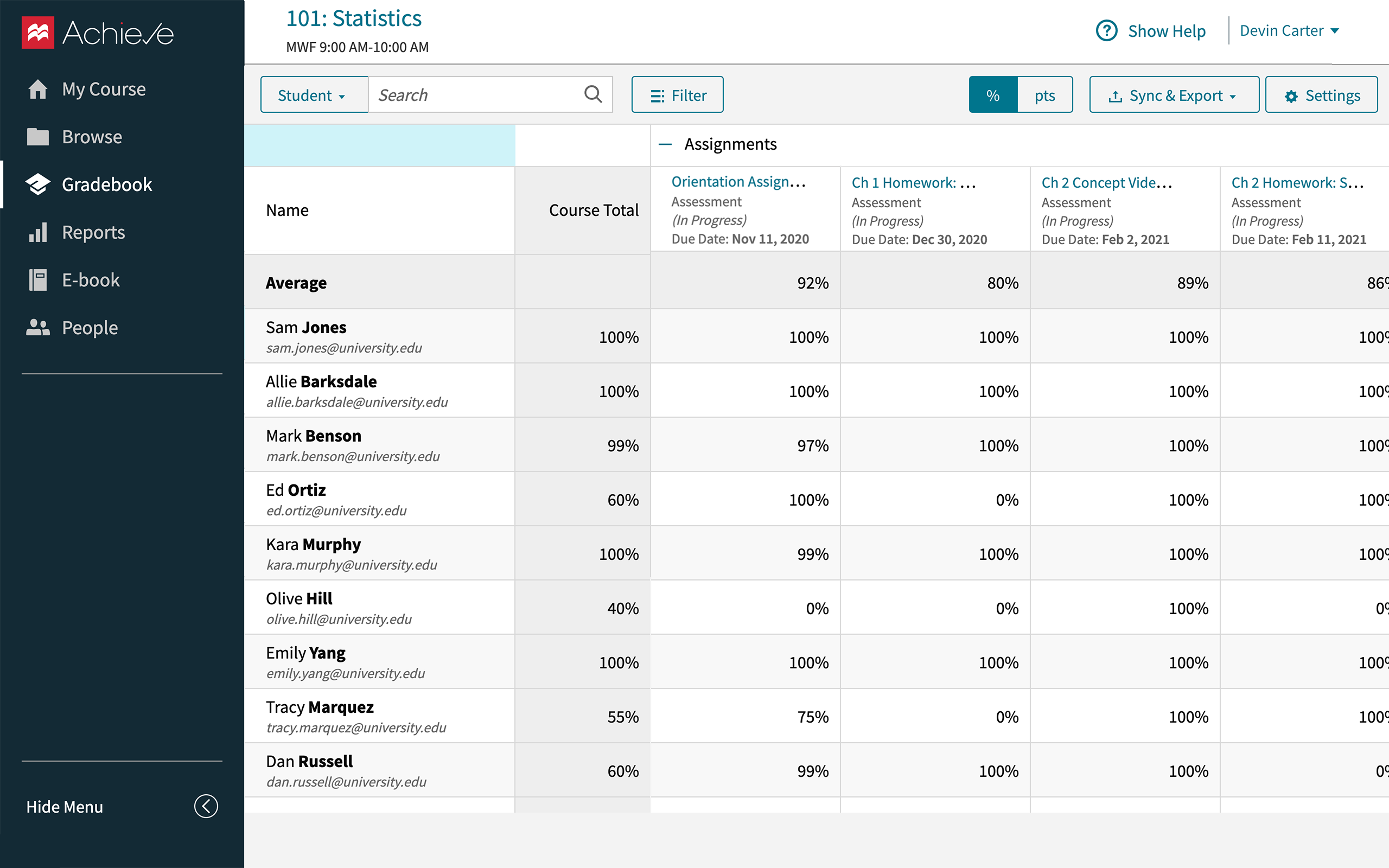 achieve statistical gradebook