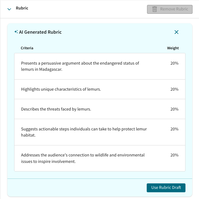Short-form writing AI rubric generation screenshot