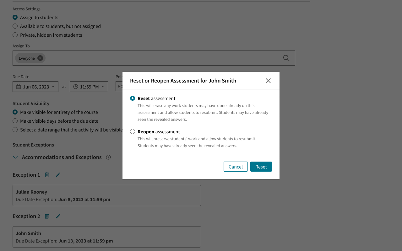 Reset and Reopen Assessments