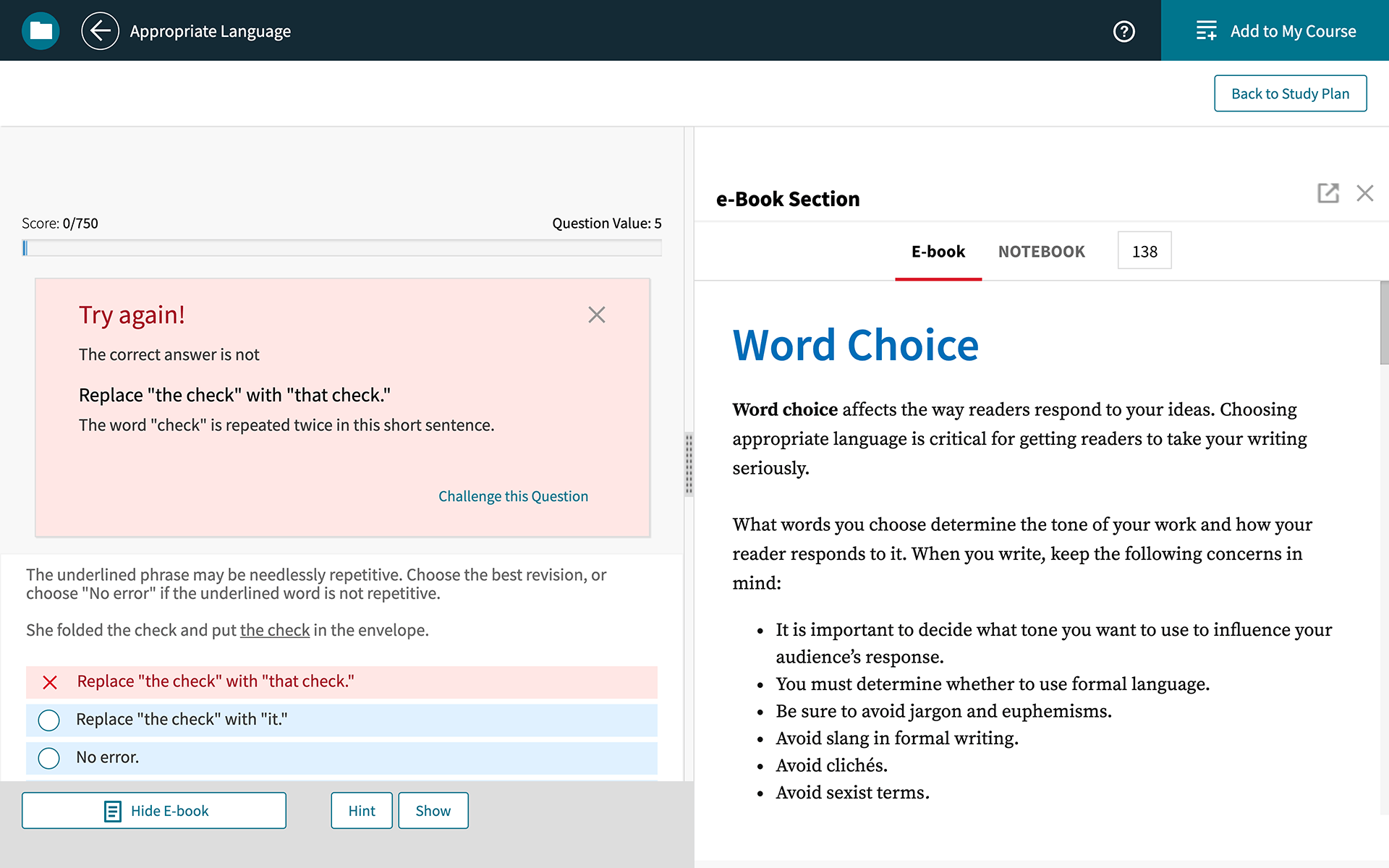 A screenshot of the quiz on the Achieve platform is divided into two sections. The left side has a quiz question with a text field that prompts the user to try again. The right side shows an e-book section displaying word choice with bullet points.