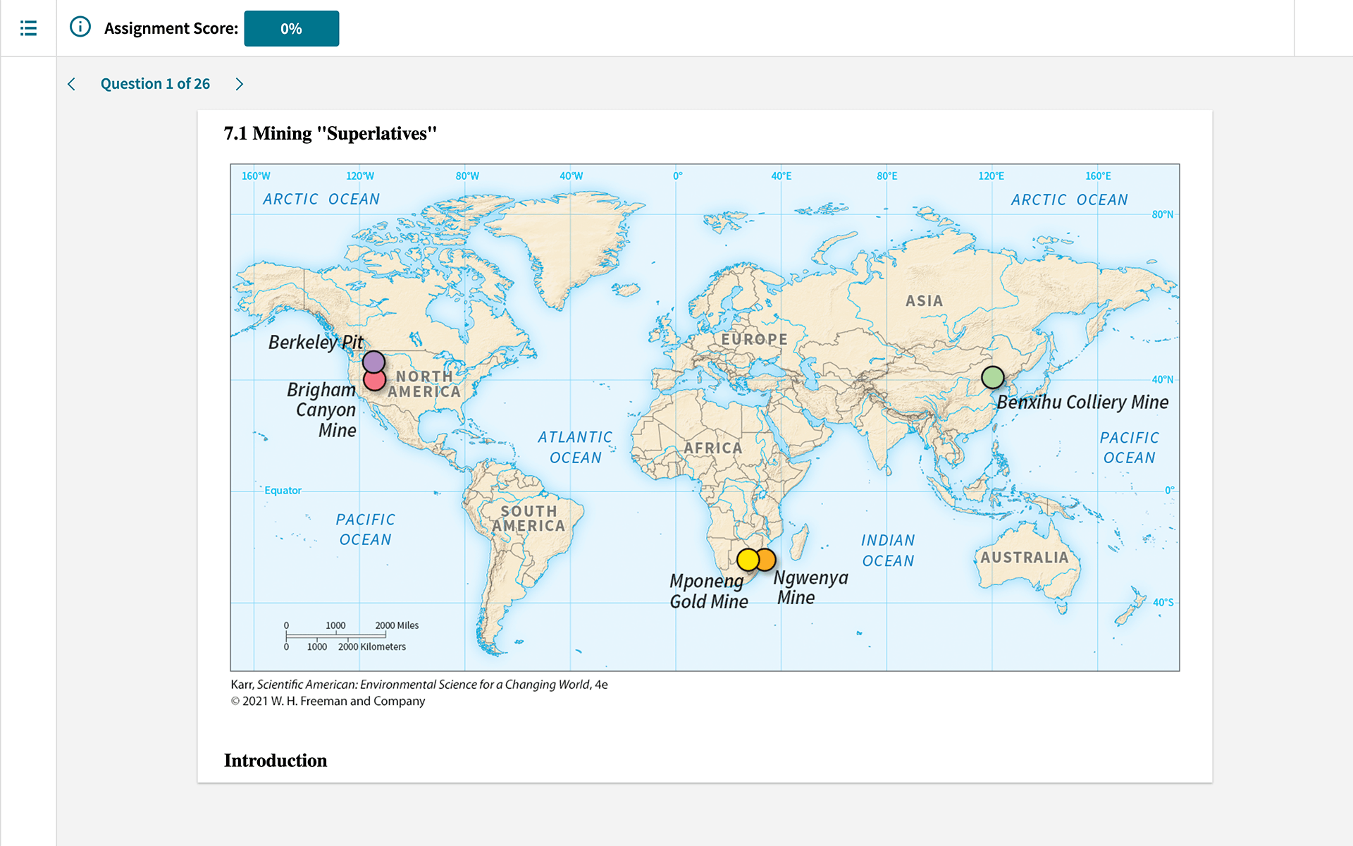 A screenshot shows a world map with notable mining superlatives across different continents. These include Berkeley Pit and Brigham Canyon Mine in North America, Mponeng Gold Mine and Ngwenya Mine in Africa, and Benxihu Colliery Mine in Asia.