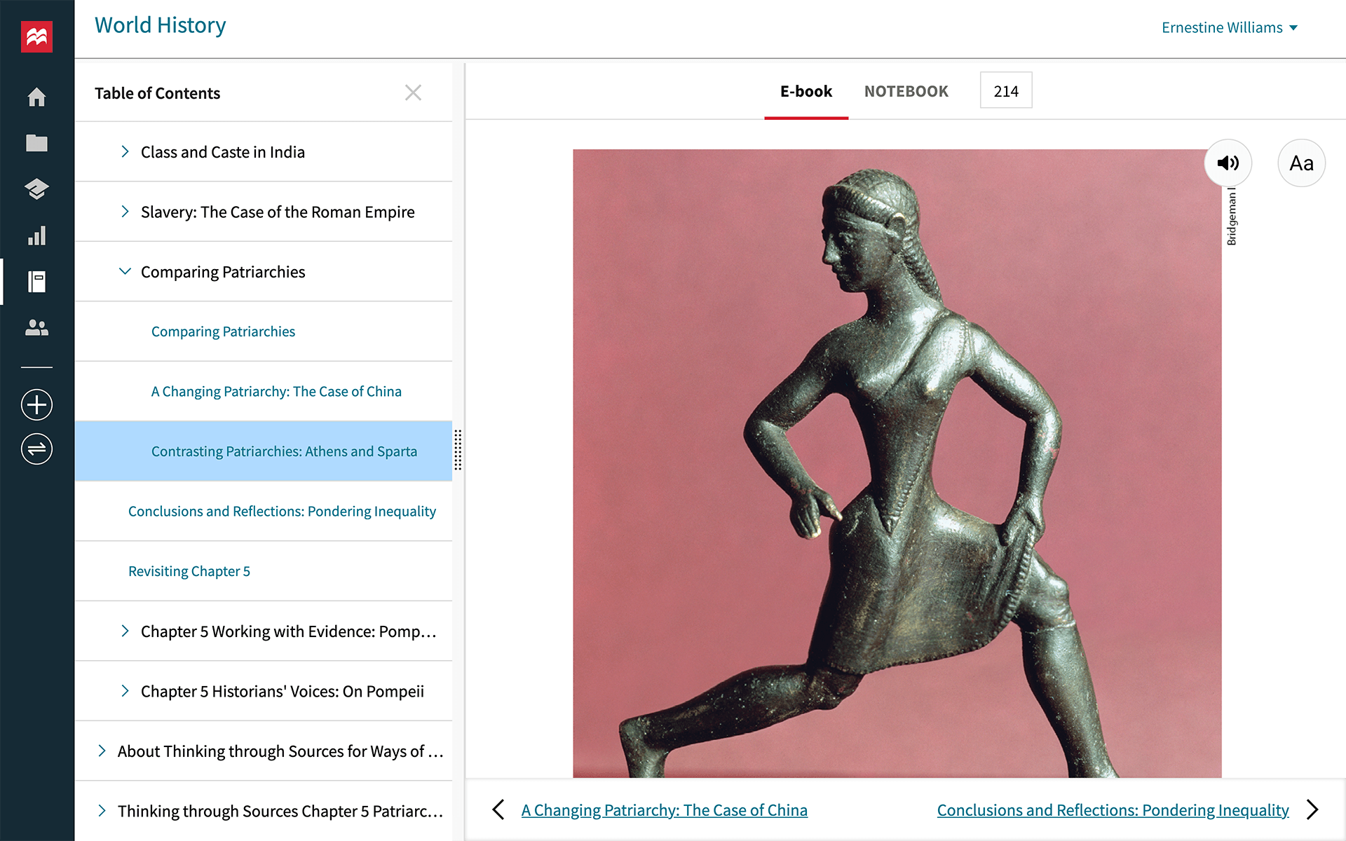 A screenshot shows the World History e-book at the Achieve portal logged under the profile Ernestine Williams. The e-book shows a table of contents and a list of button icons on the left, and a photograph of an ancient sculpture of a woman on the right.