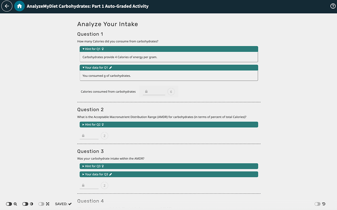 Achieve AnalyzeMyDiet Activities Screenshot