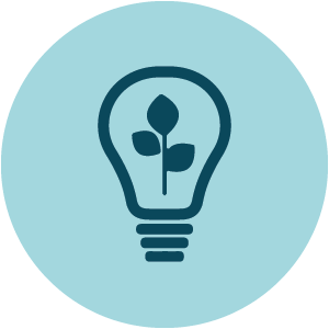 An icon for an idea is in the form of a small twig with leaves contained inside a filament bulb against a blue background. This icon features as a component of research represented in Macmillan Learning.