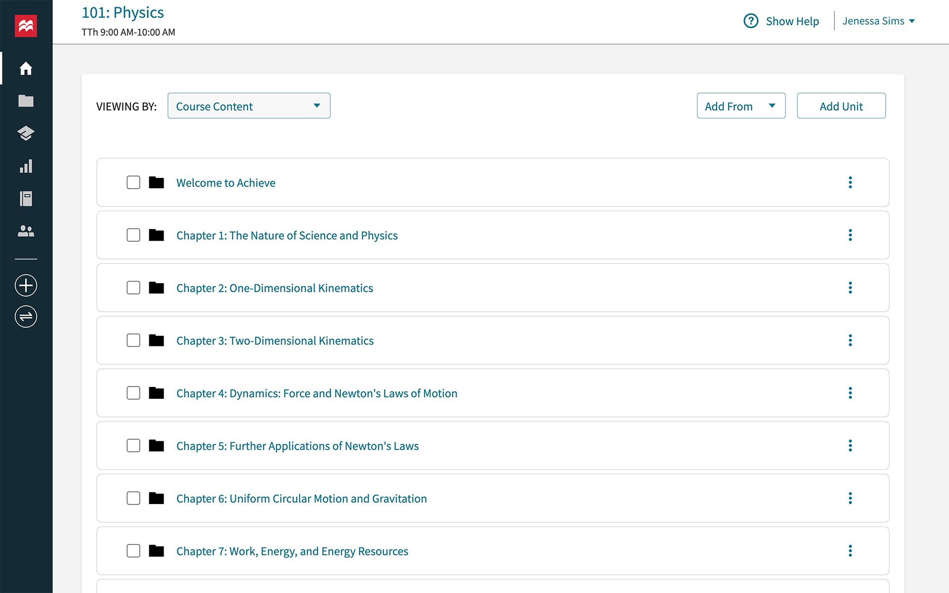 A screenshot of the achieve platform shows the page 101: Physics. In the top left corner, the Macmillan learning logo is present. A few icons are present below the logo. There is a list of course content mentioned along with the checkbox. 