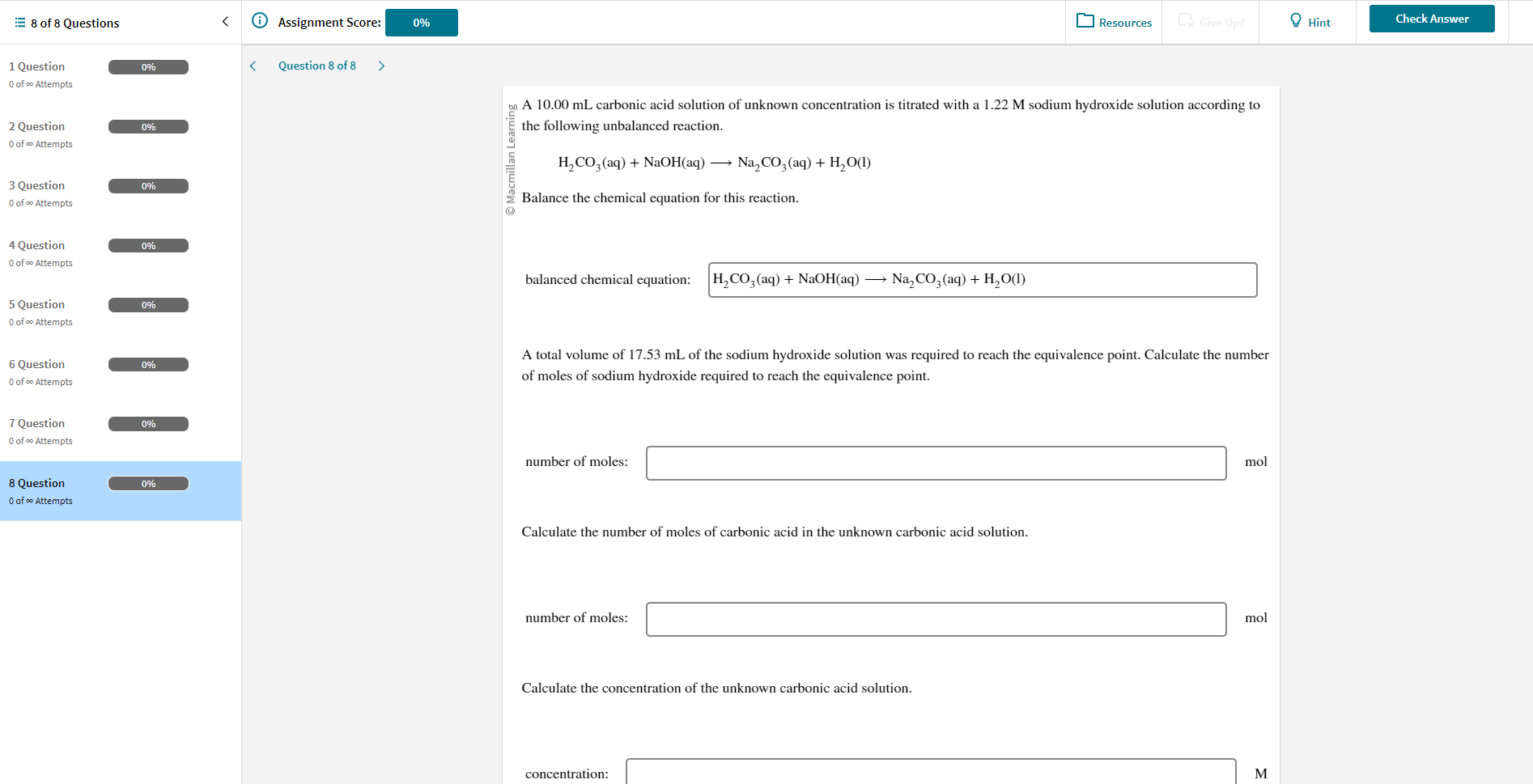 A screenshot shows the Chemistry assignment at Achieve. The Assignment consists of 8 questions on the left pane. The right pane shows question 8 of 8. The assignment score of 0 percent is displayed on the top.