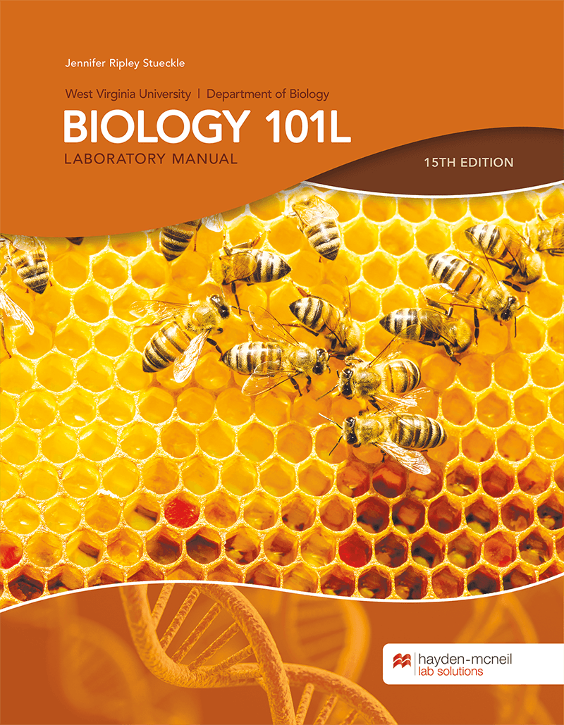 A book cover titled BIOLOGY 101 L LABORATORY MANUAL, West Virginia University, Department of Biology, Fifteenth EDITION by Jennifer Ripley Stueckle shows honeybees in a honeycomb. The logo of hayden-mcneil is given on the bottom right.