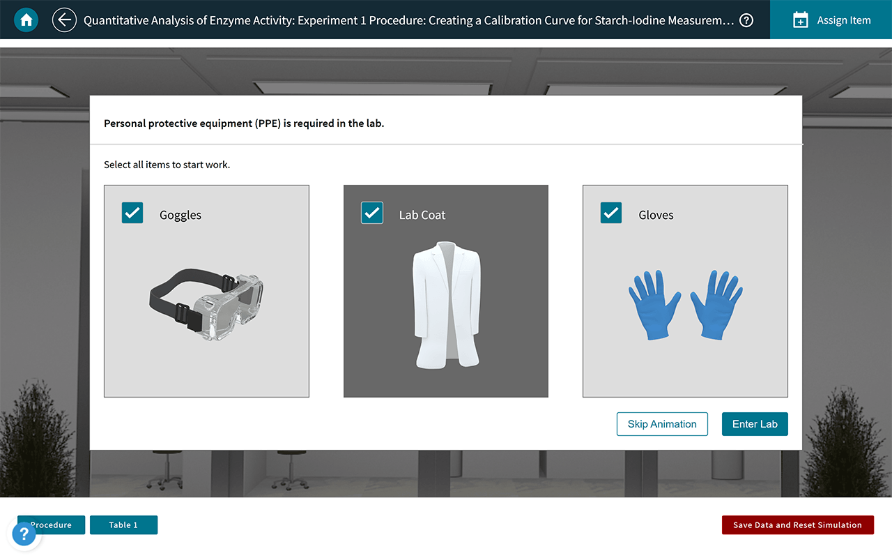 A screenshot displays a pop-up window showing the animated illustration of equipment required in a lab in the Achieve Lab solutions portal. The list includes Goggles, a lab coat, and gloves. Two options are present titled skip animation and enter lab.