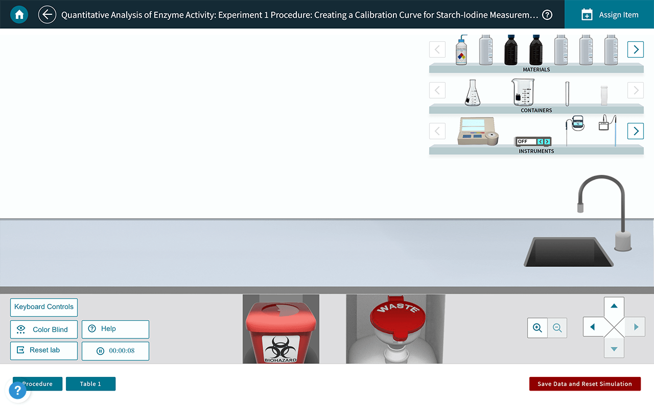 A screenshot of an assignment of the Lab Solution at Achieve titled Quantitative Analysis of Enzyme Activity: Experiment 1 Procedure: Creating a calibration curve for starch-iodine measurement shows an illustration of a virtual chemistry laboratory.