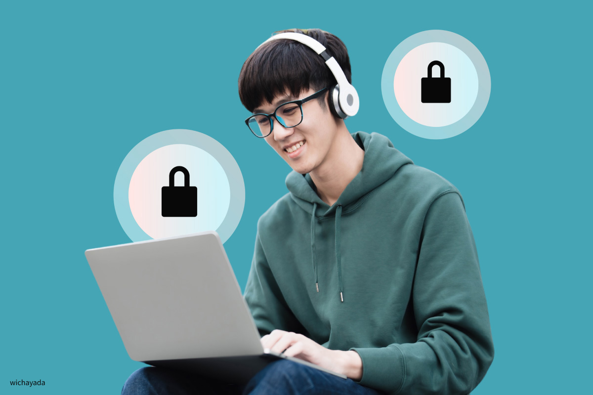 a lock icon graphic overlay with a college lecture hall behind the icon